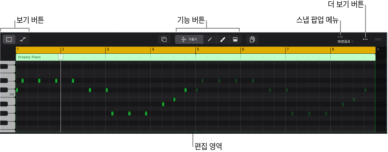그림. 노트 이벤트가 있는 MIDI 리전이 표시된 피아노 롤 편집기.