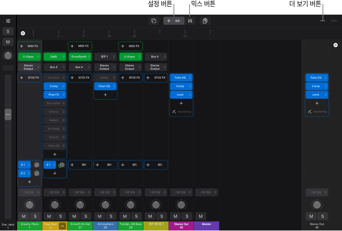 그림. 플러그인 슬롯, 채널 스트립 컨트롤, 설정 및 믹스 버튼의 콜아웃을 보여주는 믹서.