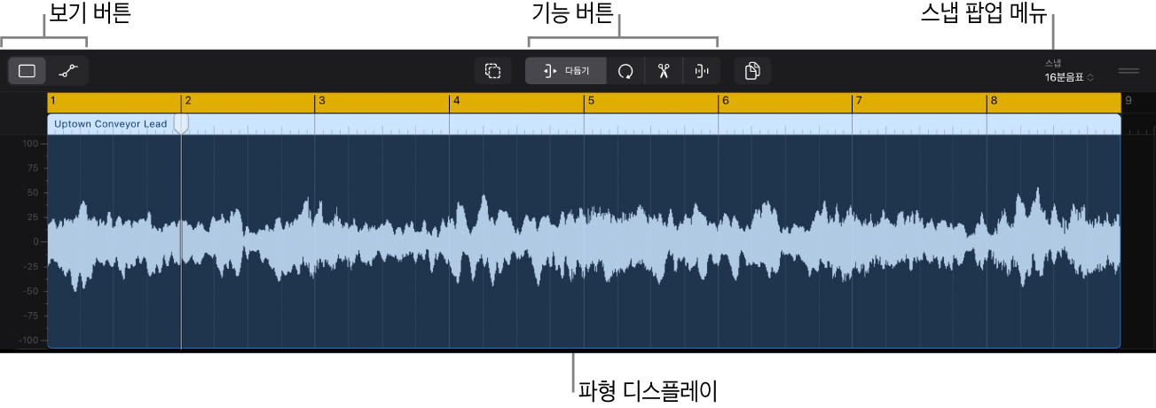 그림. 오디오 리전을 파형과 함께 표시된 오디오 편집기.
