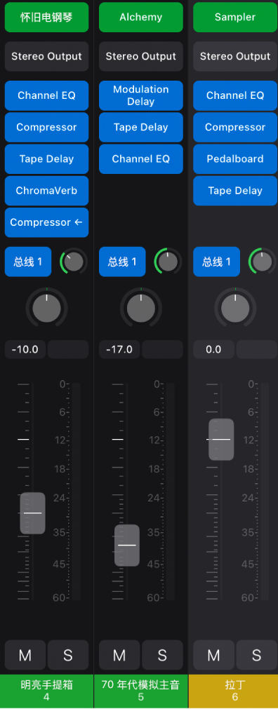 图。显示 MIDI 效果、乐器和音频效果插件的通道条。
