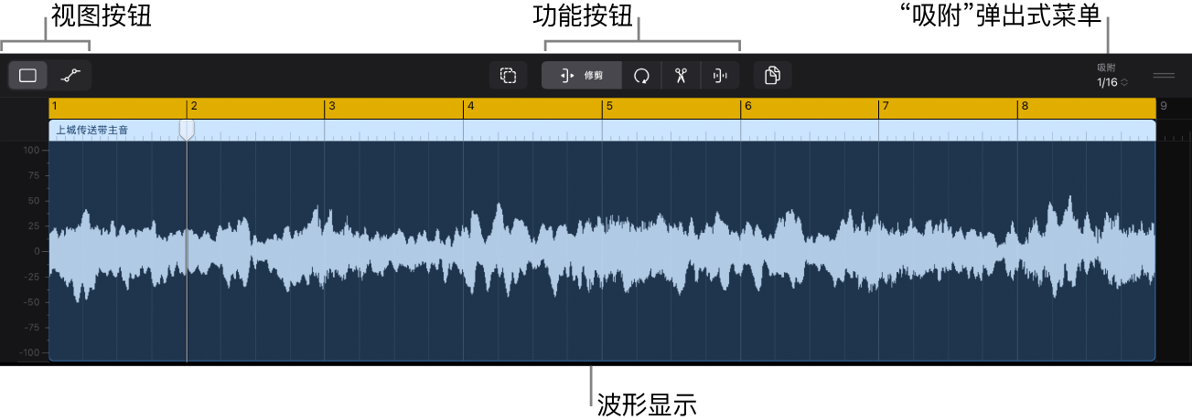 图。音频编辑器显示了带波形的音频片段。
