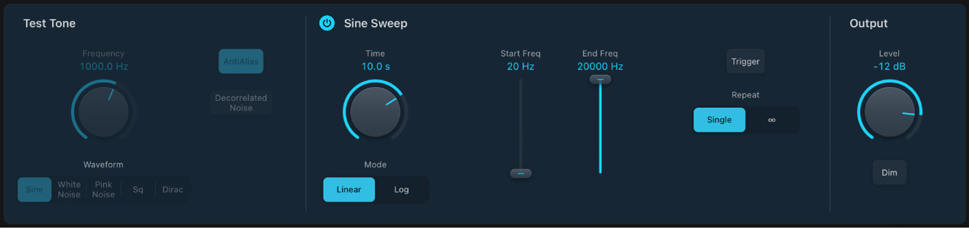 图。Test Oscillator 窗口，高亮标记了“正弦扫频”参数。