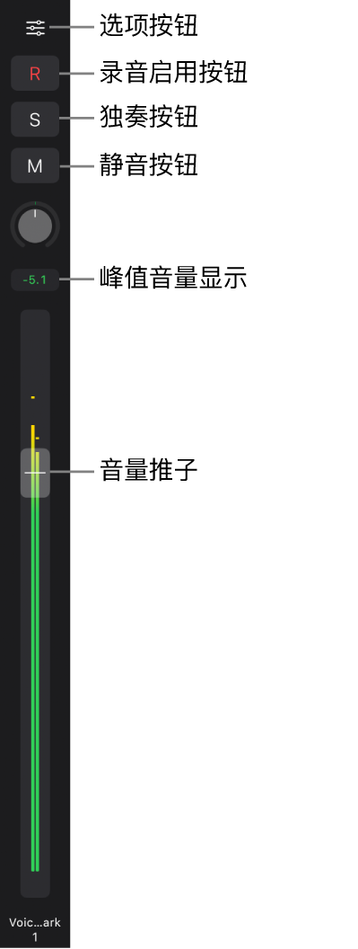 图。推子显示“选项”按钮、“录音启用”、“独奏”和“静音”按钮、“声像/平衡”旋钮以及电平指示器。