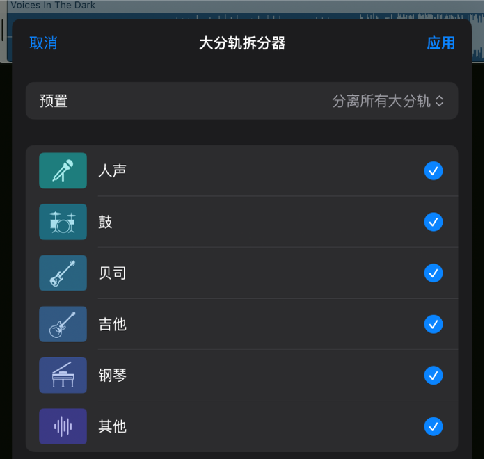 图。“大分轨拆分器”窗口显示“预置”菜单,以及用于选择或取消选择单个待提取大分轨的复选框。