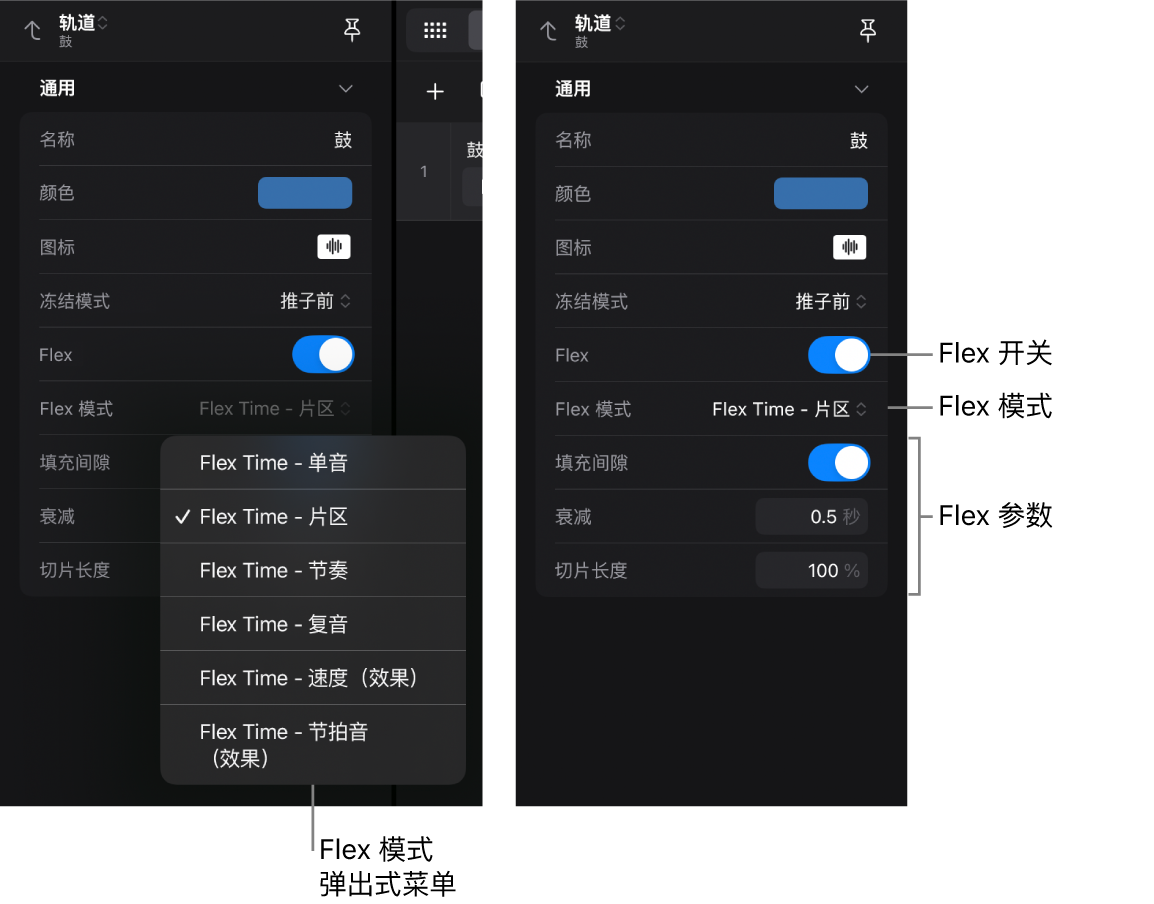 图。轨道检查器显示 Flex 设置。