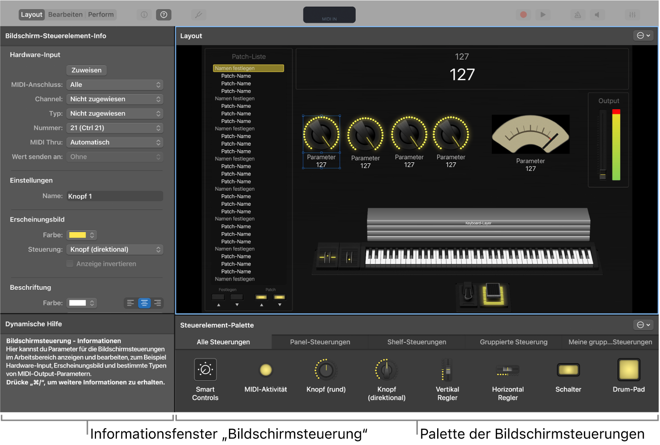 Layout-Modus mit dem Informationsfenster „Bildschirmsteuerung“ und der Palette der Bildschirmsteuerungen