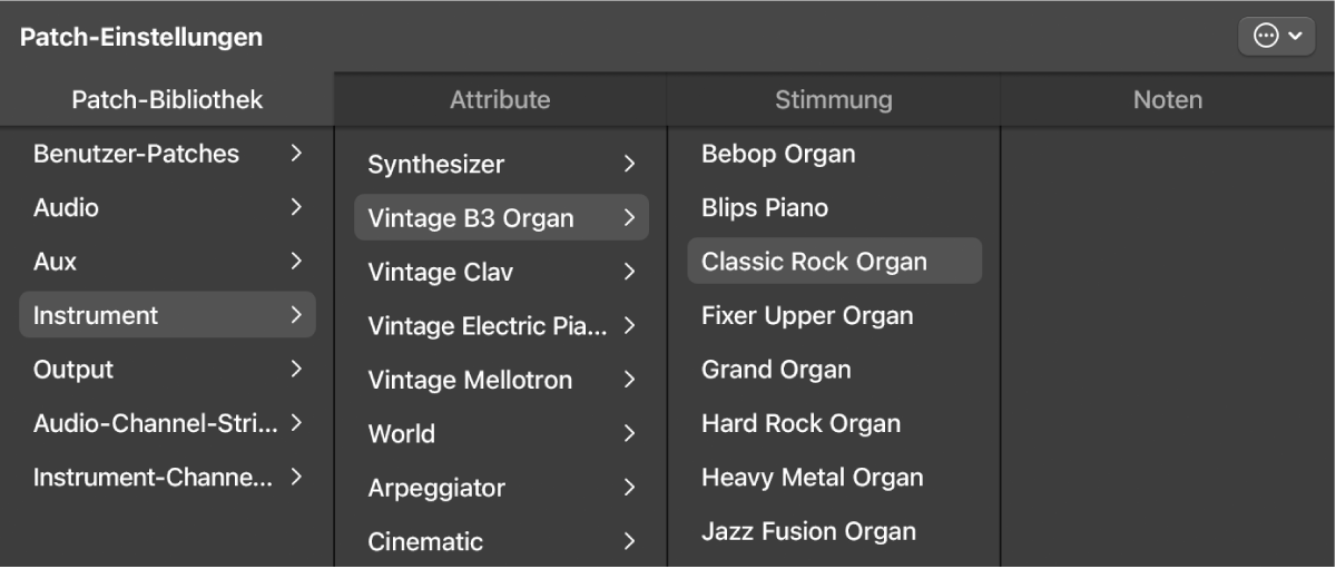 Abbildung. Patch-Bibliothek mit ausgewählter Patch-Einstellung
