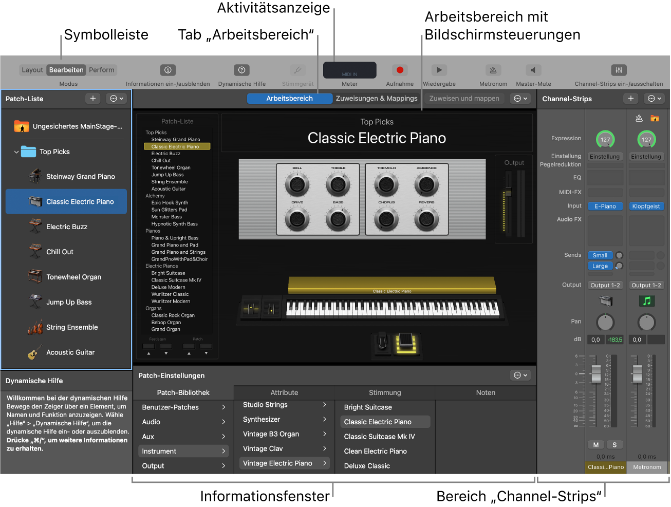 Das MainStage-Fenster mit dem Arbeitsbereich, dem Informationsbereich, der Symbolleiste und der Aktivitätsanzeige