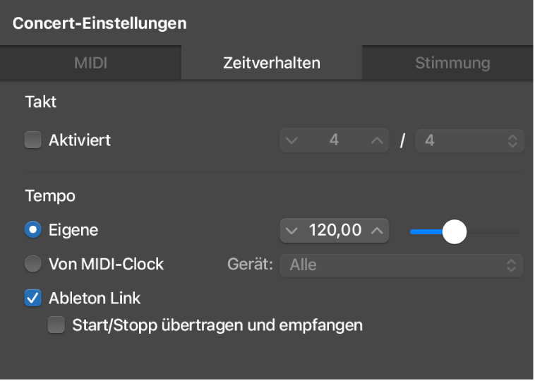 Abbildung. „Ableton Link“ ist im Bereich „Timing“ des Informationsfensters „Concert-Einstellungen“ ausgewählt.