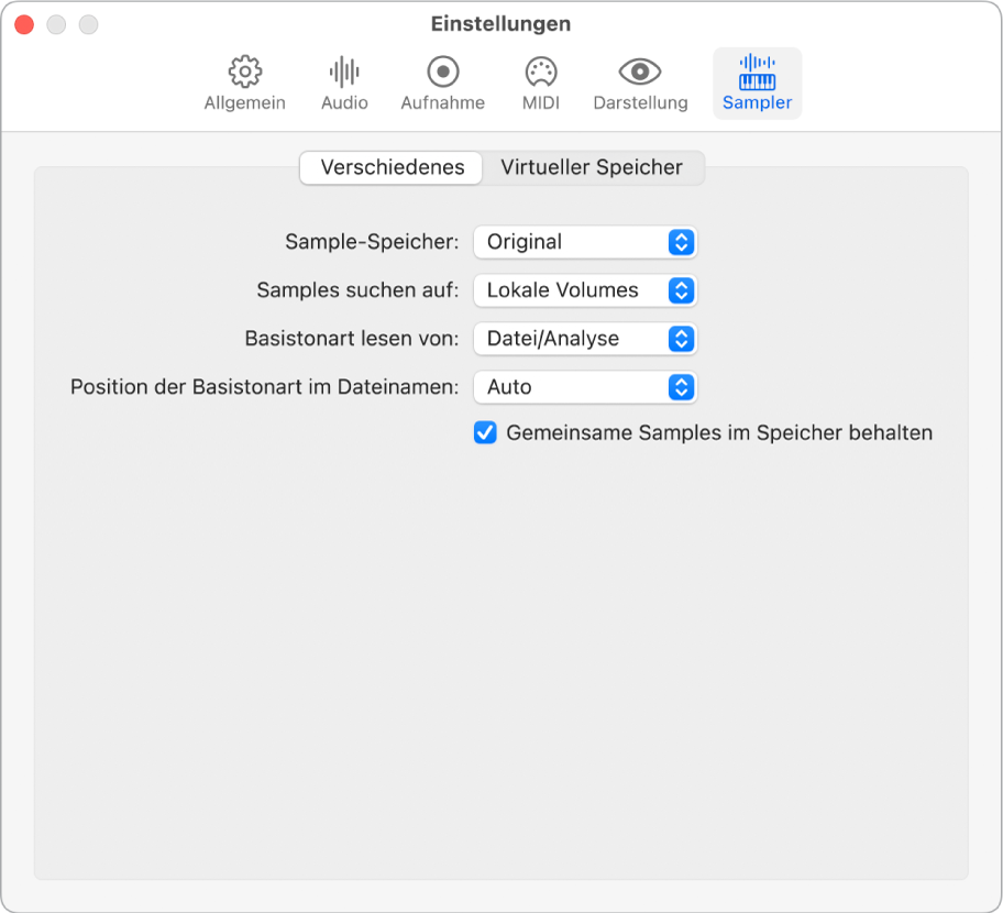 Der Bereich „Sampler-Einstellungen > Verschiedenes“.