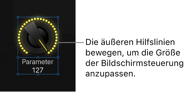 Abbildung. Bewegen der äußeren Hilfslinien zum Anpassen der Größe einer Bildschirmsteuerung