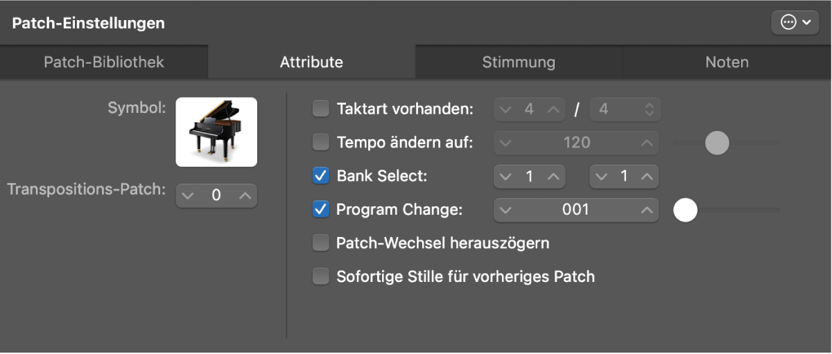 Abbildung. Das Informationsfenster „Patch-Einstellungen“ mit geöffnetem Tab „Attribute“