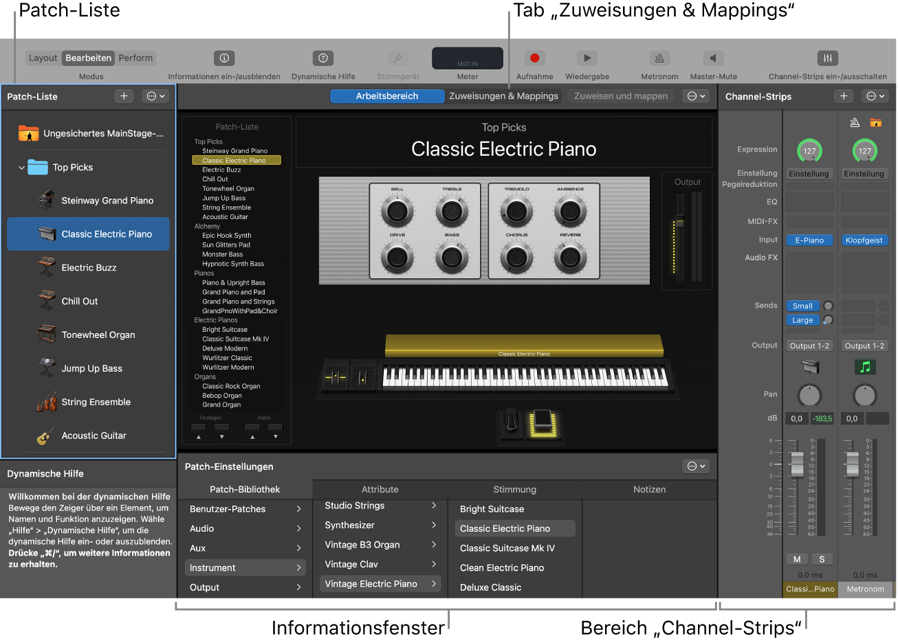 Abbildung. Bearbeitungsmodus mit Patch-Liste und den Bereichen „Informationen“ und „Channel-Strips“