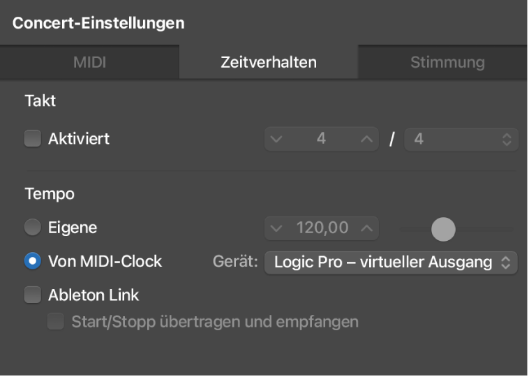 Abbildung. „Von MIDI-Clock“ ist im Bereich „Timing“ des Informationsfensters „Concert-Einstellungen“ ausgewählt.