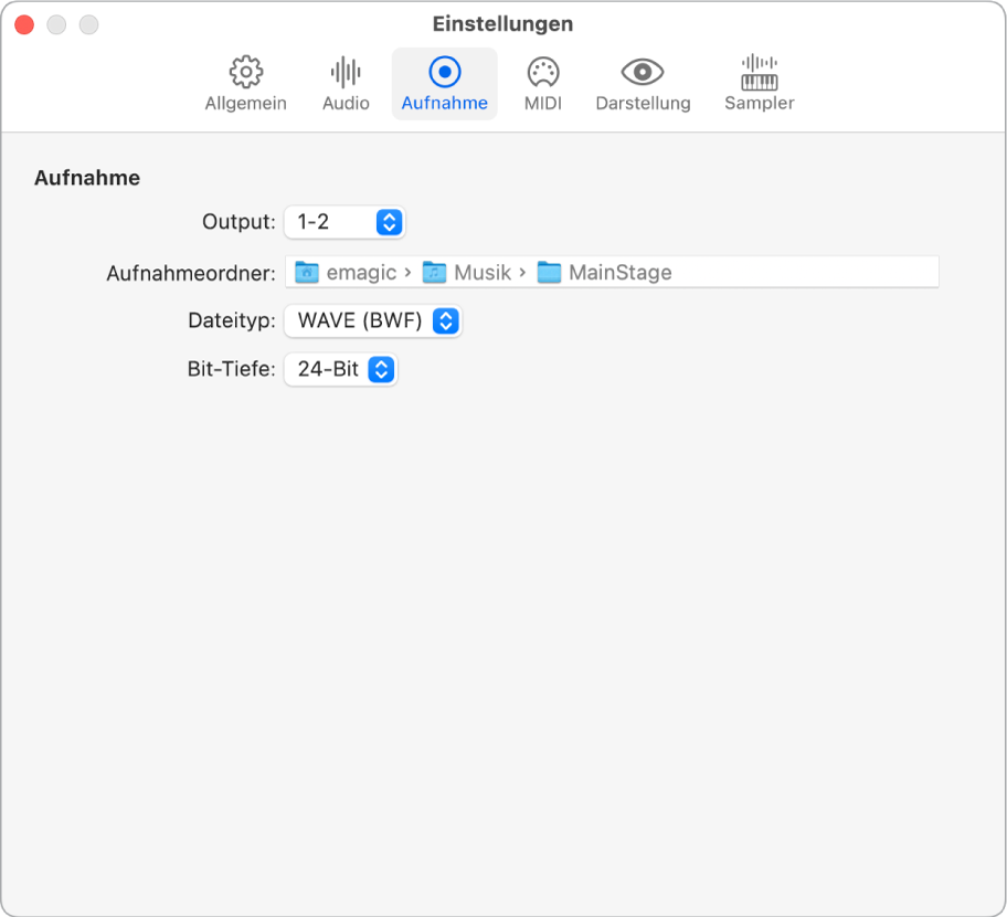 Abbildung. Der Bereich „Aufnahmeeinstellungen“.