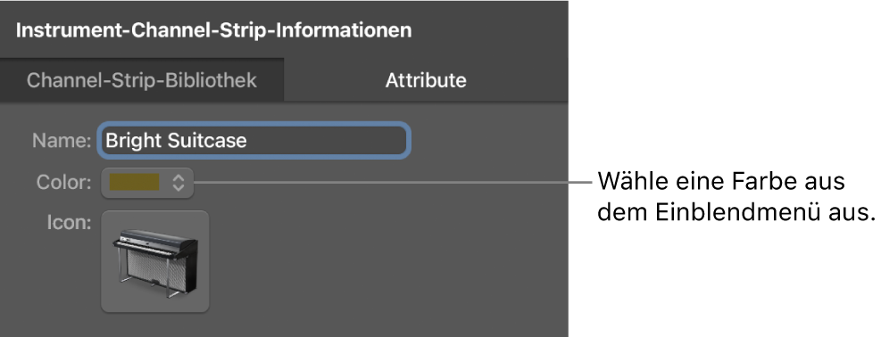 Abbildung. Channel-Strip-Informationen mit Einblendmenü „Farbe“