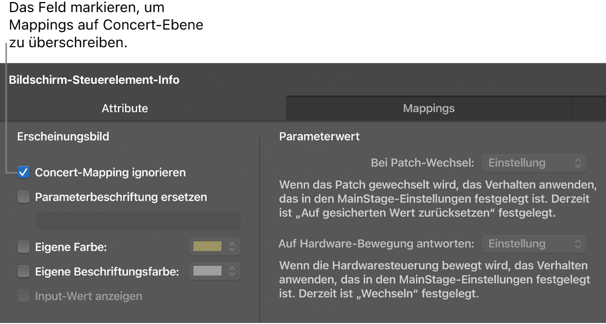 Abbildung. Aktivieren des Felds „Concert-Mapping ignorieren“