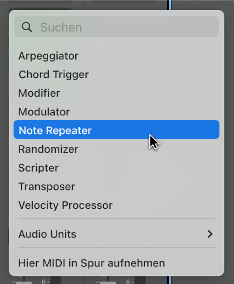 Abbildung. Das Plug-in-Menü „MIDI-Effekt“ mit dem Zeiger über dem Plug-in „Note Repeater“
