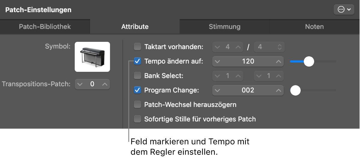 Abbildung. Bewegen des Reglers „Tempo“ in den Patch-Informationen