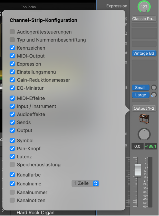 Abbildung. Einblendmenü „Channel-Strip-Konfiguration“