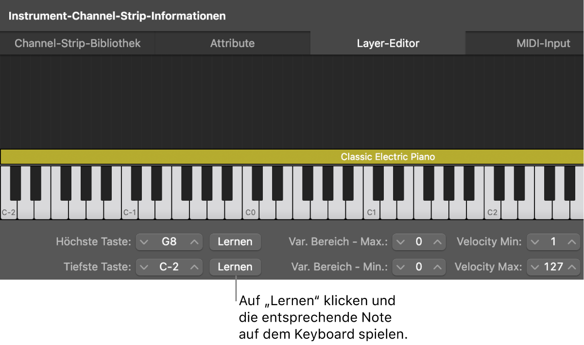 Abbildung. Lernen des Tonumfangs für einen Channel-Strip