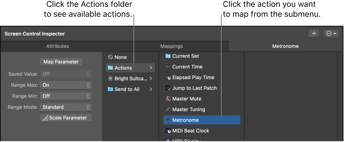 Figure. Mapping a screen control to an action in the Actions folder.