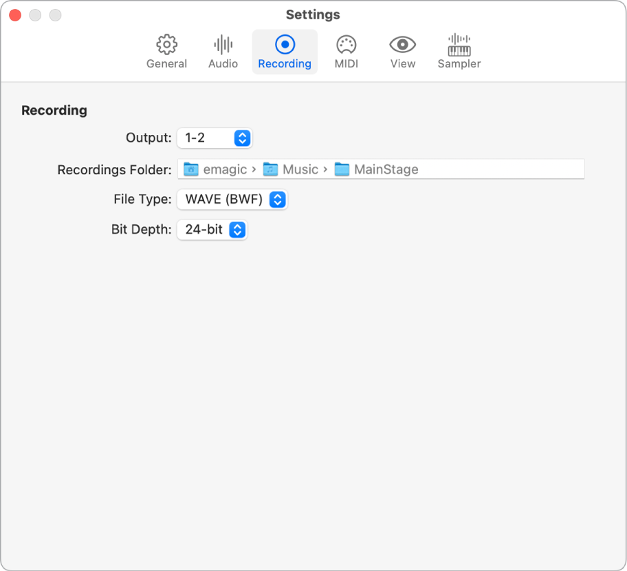 Figure. The Settings Recording pane.