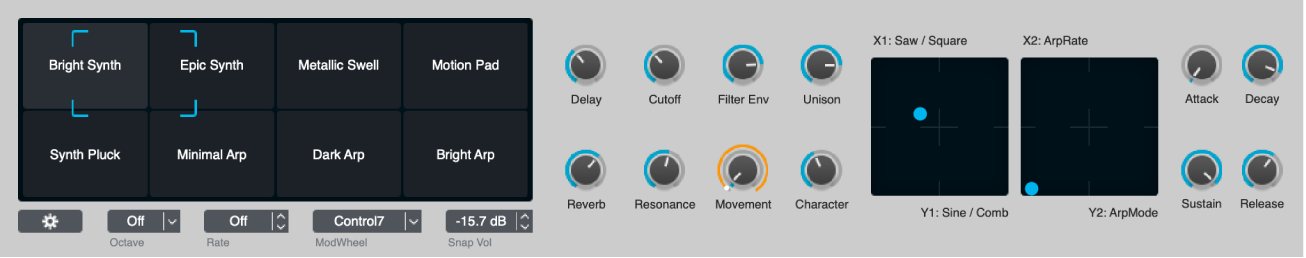 Figure. Performance controls section, showing Transform pad, knobs, and XY pads.