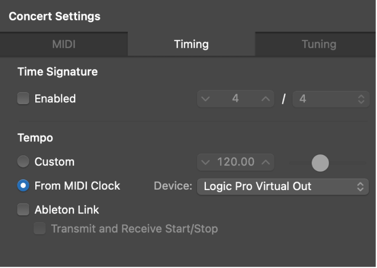 Figure. From MIDI Clock selected in the Timing pane of the Concert Settings Inspector.