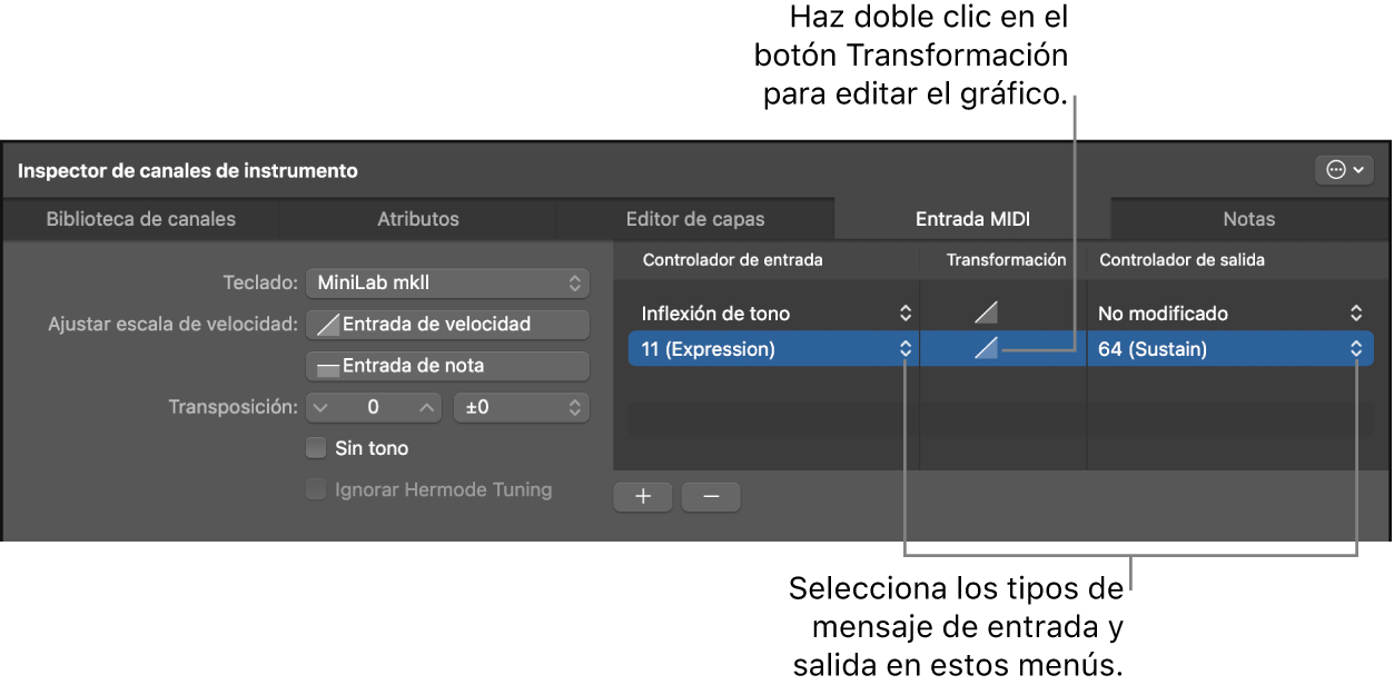 Ilustración. Selección de tipos de mensaje de entrada y salida en el Inspector de la banda de canal.