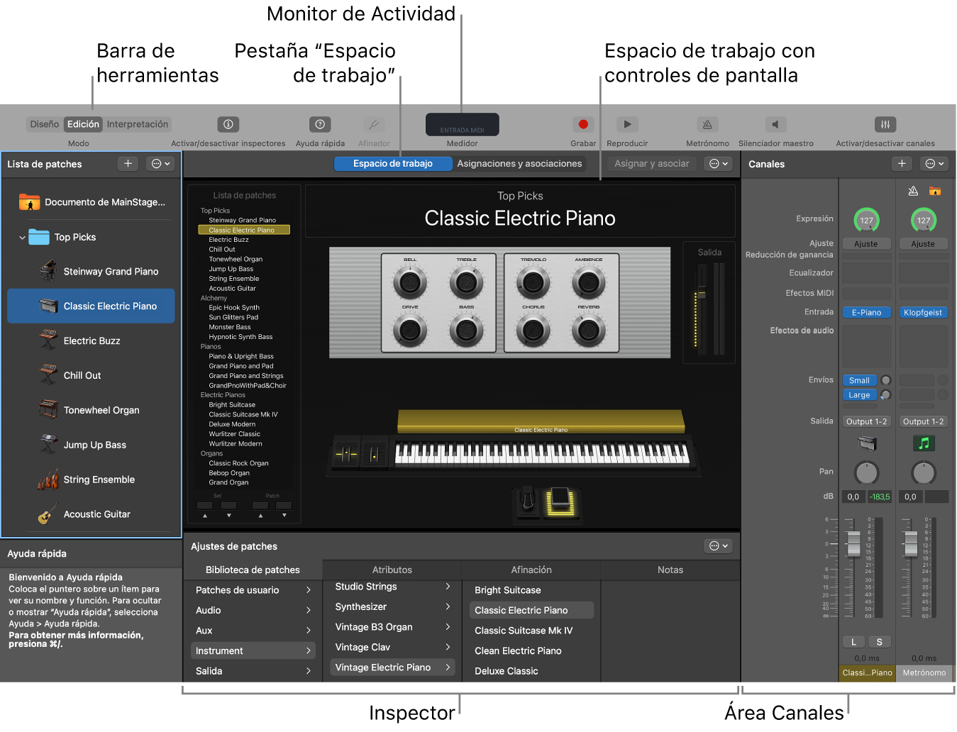 La ventana de MainStage, incluidos el espacio de trabajo, el inspector, la barra de herramientas y el Monitor de Actividad.