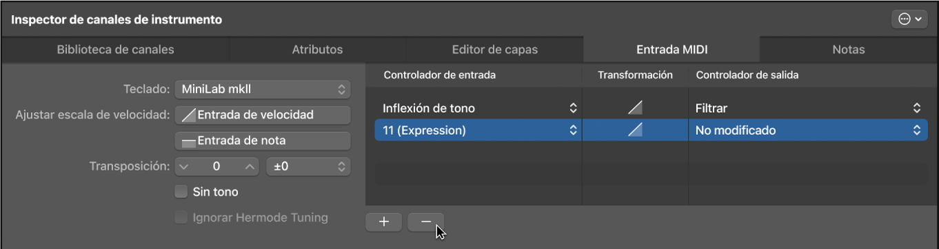 Ilustración. Haz clic en el botón “-” para eliminar una transformación de controlador.