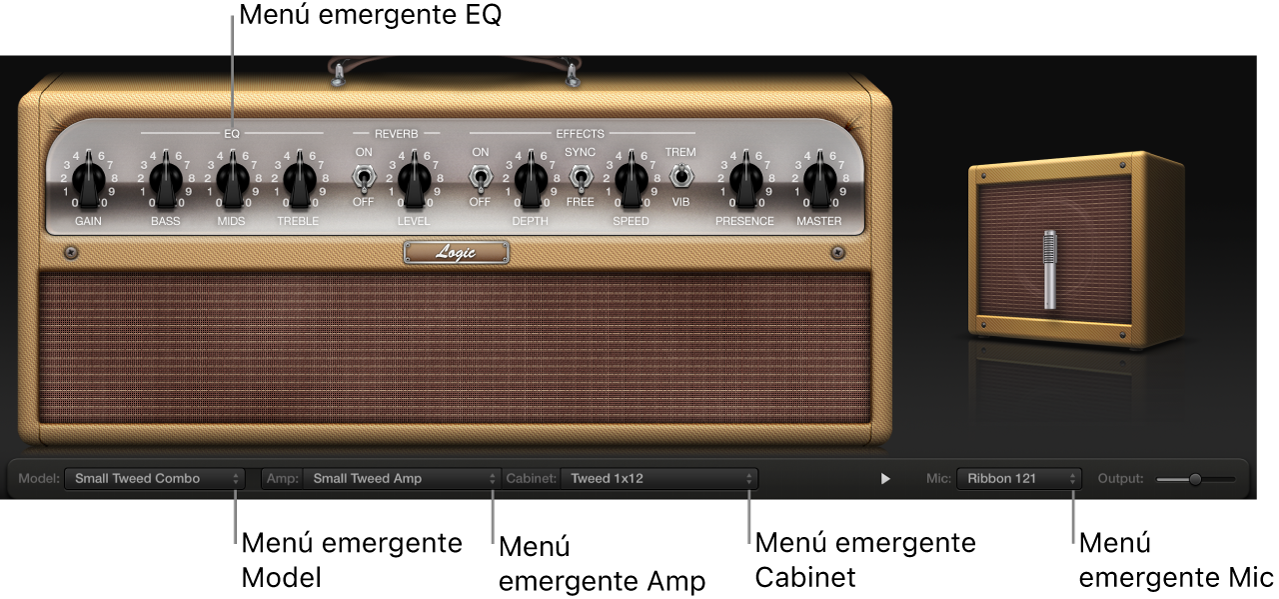 Ilustración. Ventana “Amp Designer” con las descripciones de los menús desplegables.