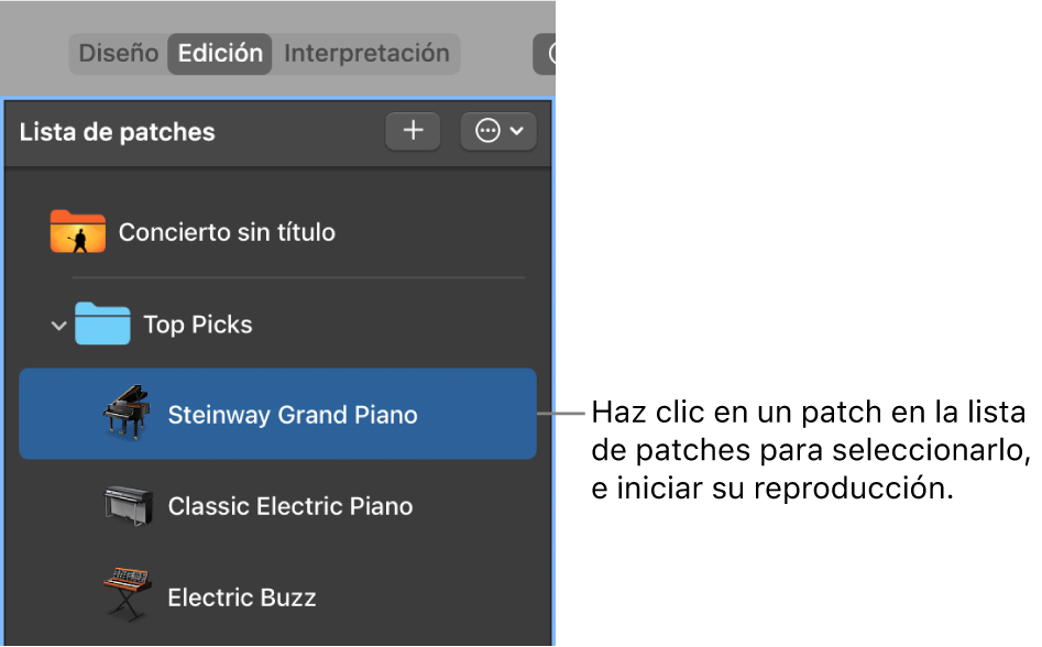 Ilustración. Selección de un patch de la lista de patches.