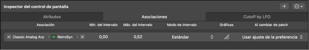 Ilustración. Pestaña Asociaciones del inspector de control de pantalla.