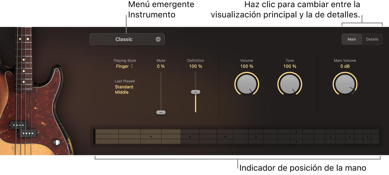 Ilustración. “Studio Bass” con la visualización Principal e indicaciones para el menú desplegable de instrumento, el indicador de posición de la mano y el conmutador Main/Details.