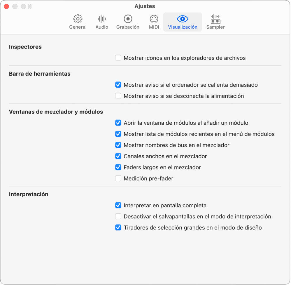 Ilustración. El panel de ajustes de visualización.