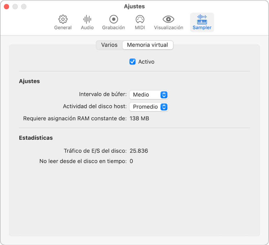 El panel de ajustes de memoria virtual del sampler.