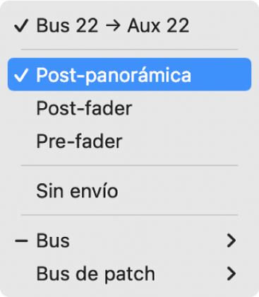 Ilustración. Se está seleccionando una opción de flujo de señal para el potenciómetro Envío.