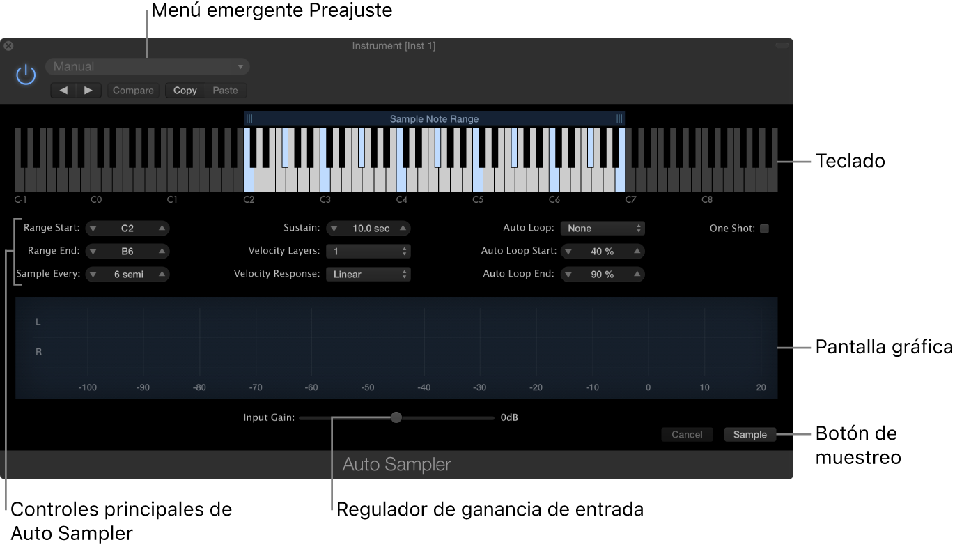 Ilustración. Ventana del módulo Auto Sampler con áreas y controles.