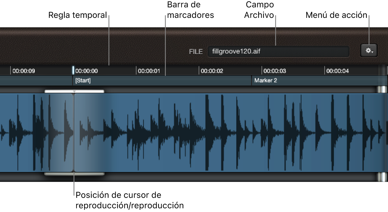 Ilustración. Visualización de onda, con el campo Archivo, la regla y el cursor de reproducción.