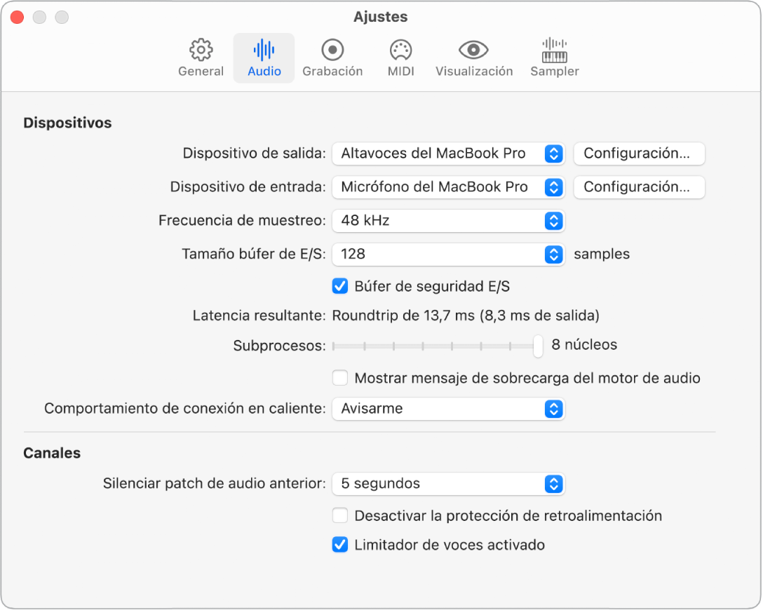 Ilustración. El panel de ajustes de audio.