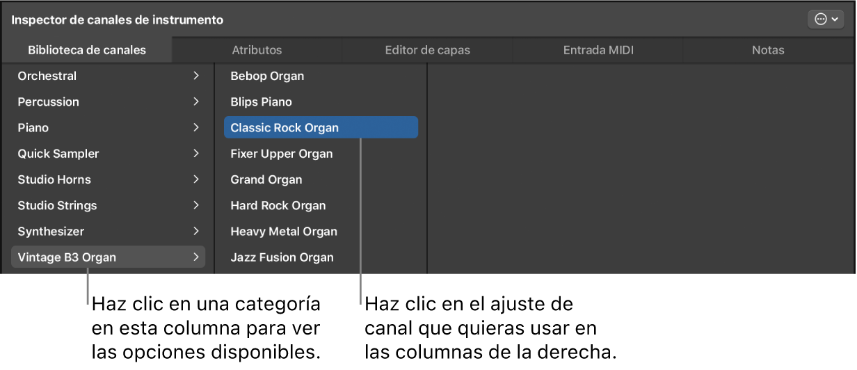 Ilustración. Biblioteca de canales con ajuste de canal seleccionado.