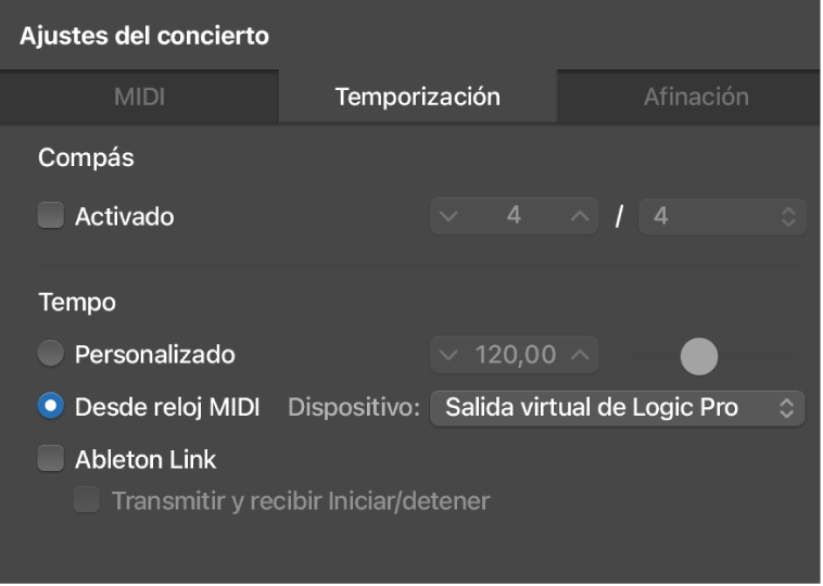 Ilustración. Casilla “Desde reloj MIDI” seleccionada en el panel Temporización del inspector de ajustes del concierto.