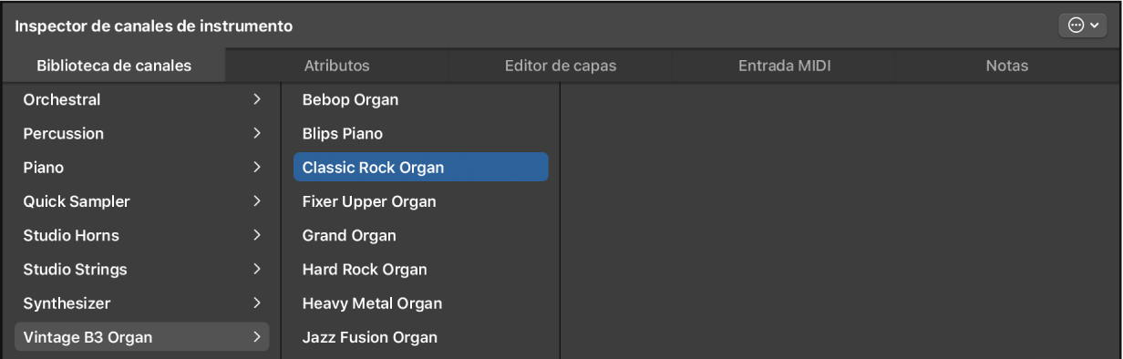 Ilustración. La biblioteca de canales con un ajuste de canal seleccionado.