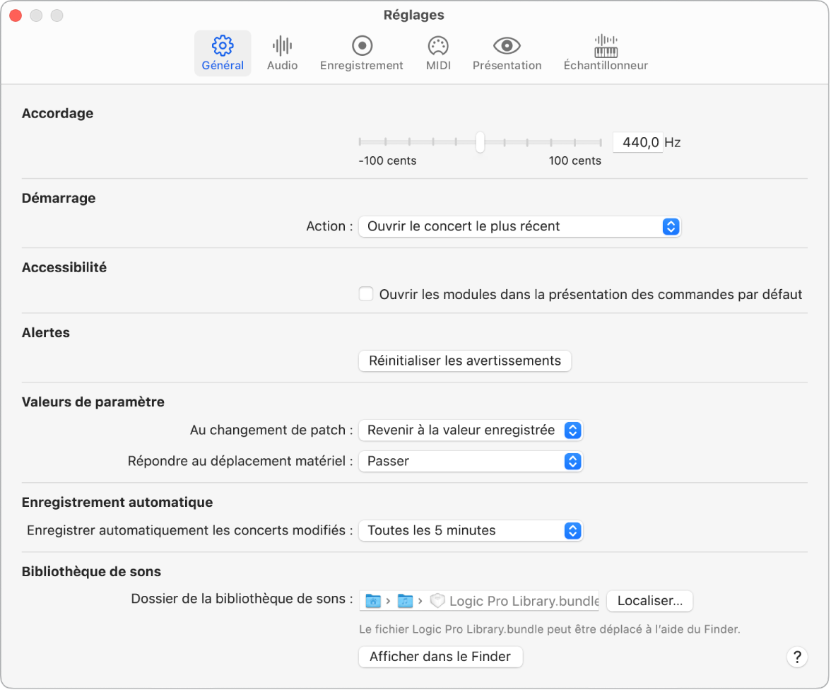 Figure. Fenêtre Réglages Général.