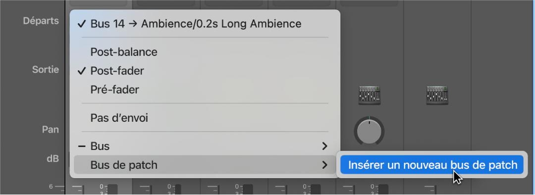 Figure. Le sous-menu Bus de patch du menu contextuel d’envoi.