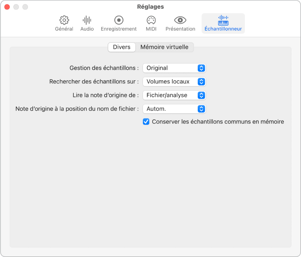 Fenêtre Réglages, Échantillonneur, Divers.