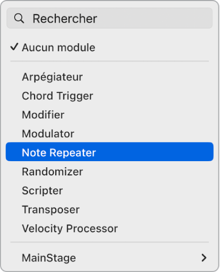 Figure. Choix d’un effet MIDI dans le menu local.