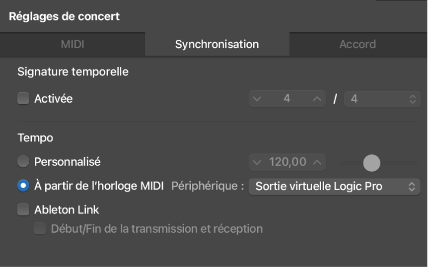 Figure. Option de lecture du tempo depuis l’horloge MIDI sélectionnée dans la sous-fenêtre Synchronisation de l’inspecteur des réglages de concert.
